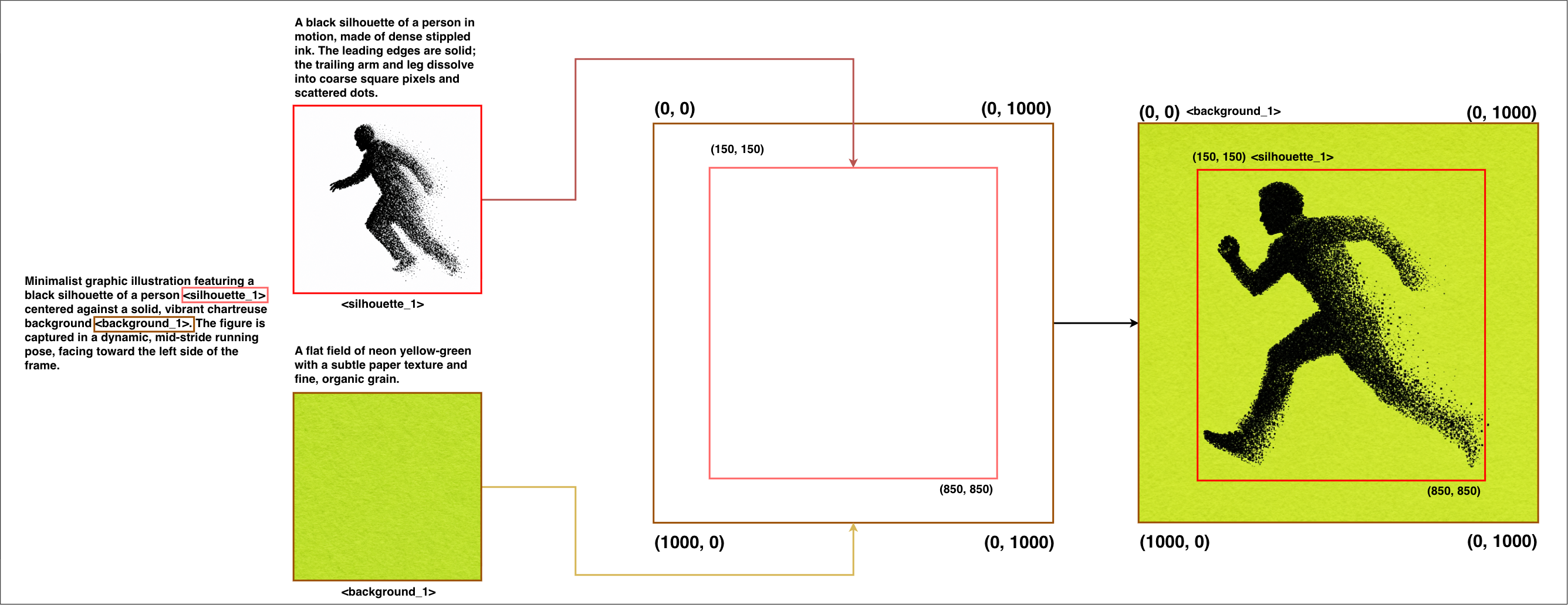Diagram: the caption and the two region descriptions on the left, the two boxes on a 0–1000 grid in the middle, and the generated image on the right, where a black stippled runner fills the silhouette box on a chartreuse background