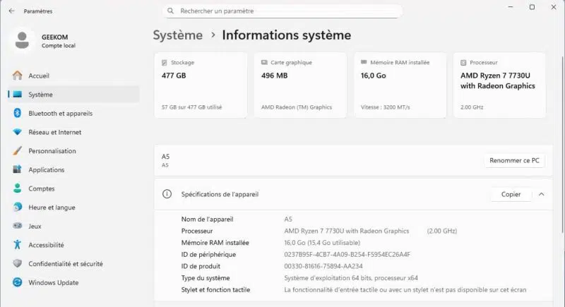 Informations système de Windows 11 sur le Geekom A5 2027 Edition avec Ryzen 7 7730U et 16 Go de RAM