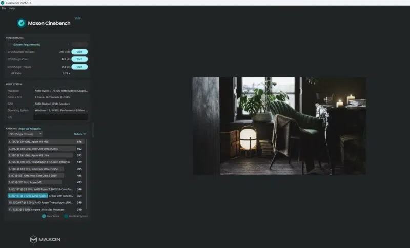 Scores Cinebench 2026 du Geekom A5 2027 Edition avec AMD Ryzen 7 7730U