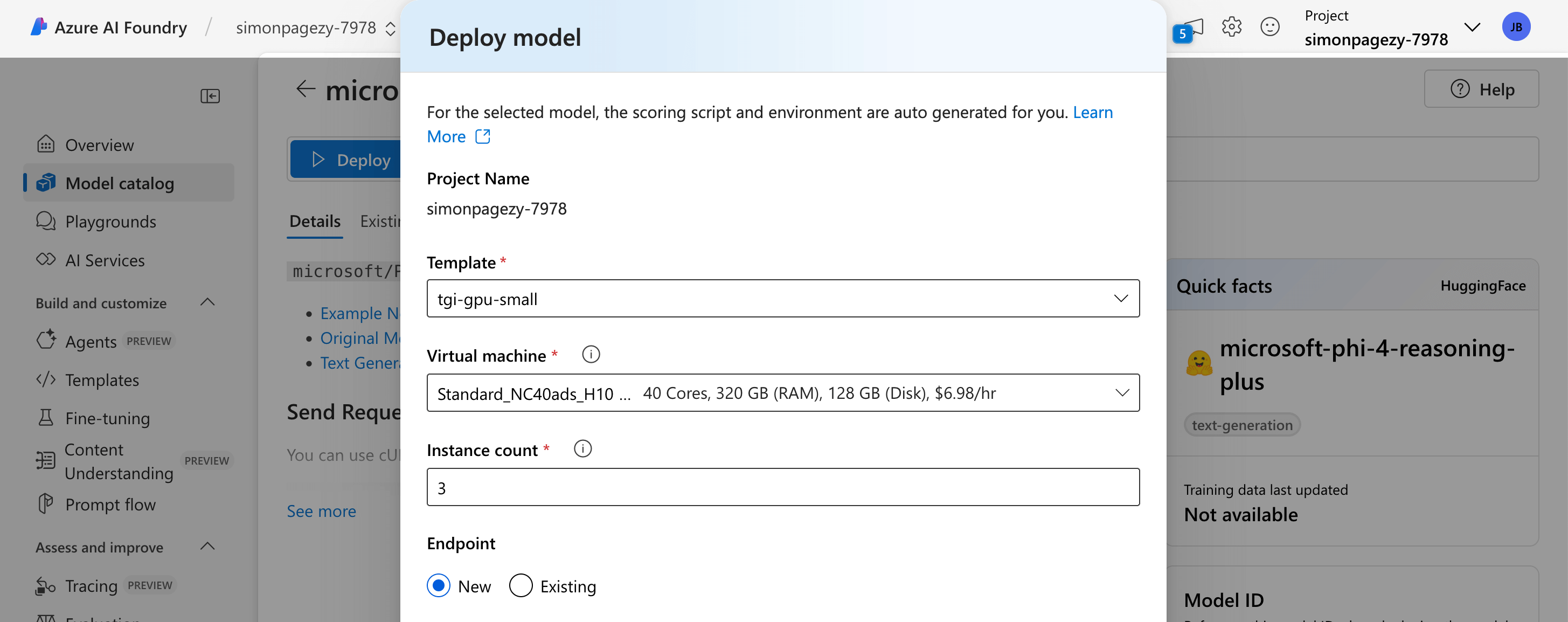 A form to deploy a Hugging Face model in Azure AI Foundry