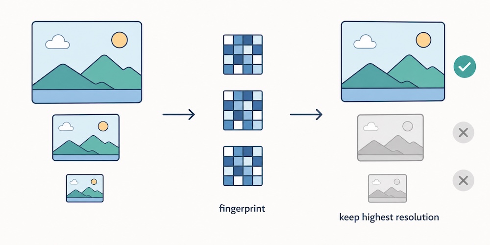 Perceptual-hash deduplication: near-identical images reduced to fingerprints, duplicates grouped, keep highest resolution