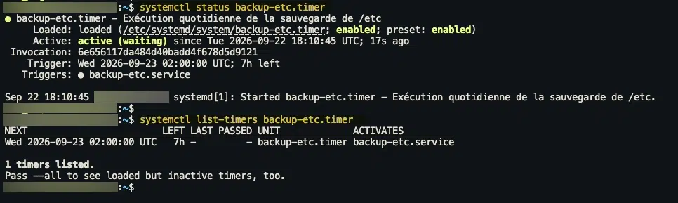 Sortie de systemctl list-timers montrant la prochaine exécution du timer systemd backup-etc