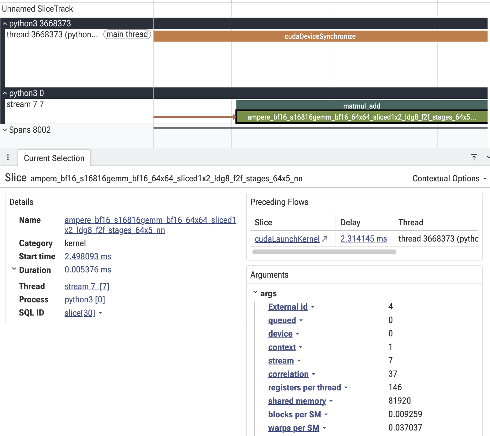 cuBLAS matmul kernel resource footprint: registers, shared memory and block size in Perfetto
