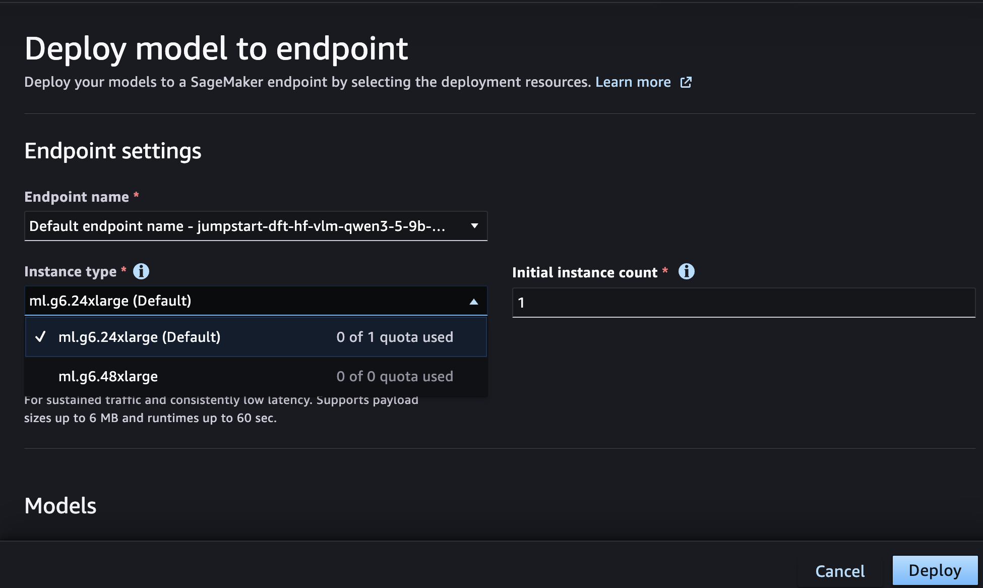 SageMaker Studio endpoint deployment page with the model pre-configured and instance type selection showing quota visibility