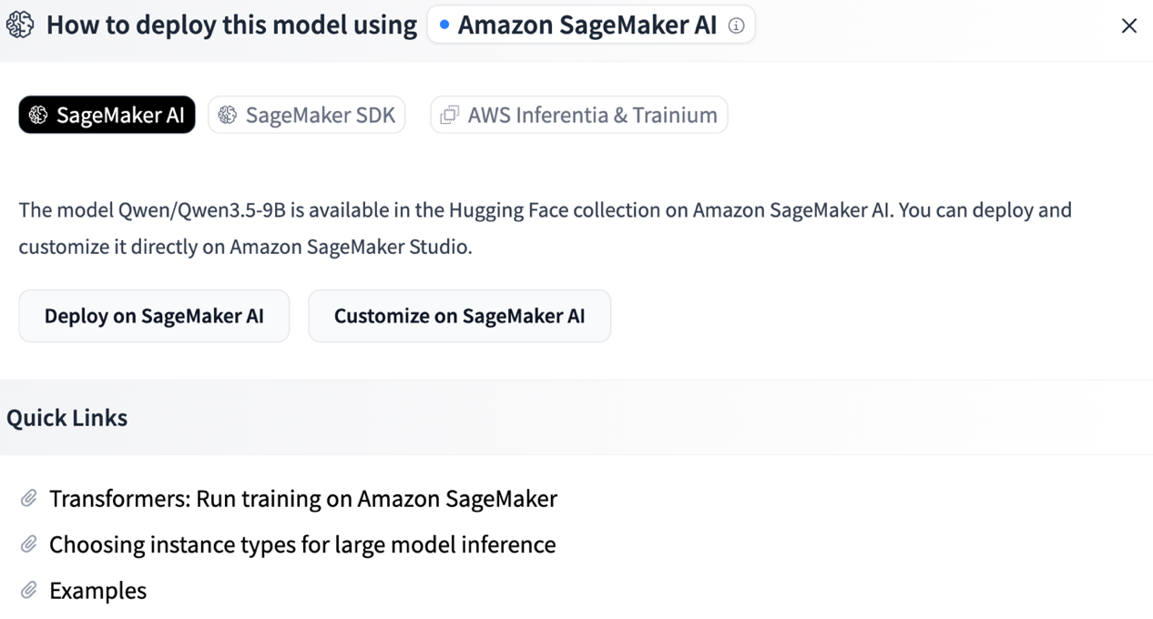 Hugging Face model page showing the Customize on SageMaker AI button for a supported model