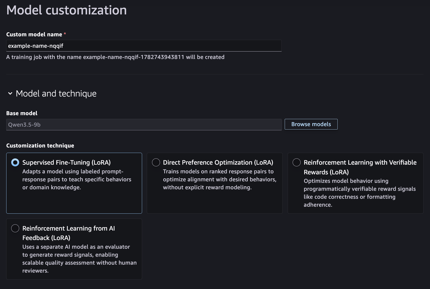 SageMaker Studio Model Customization page with the selected model pre-loaded and fine-tuning parameters ready to configure