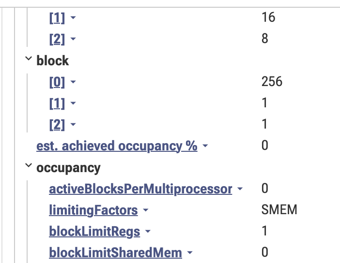 Perfetto footprint of the cuDNN kernel reporting 0% achieved occupancy, with 240 registers per thread and 256 threads per block
